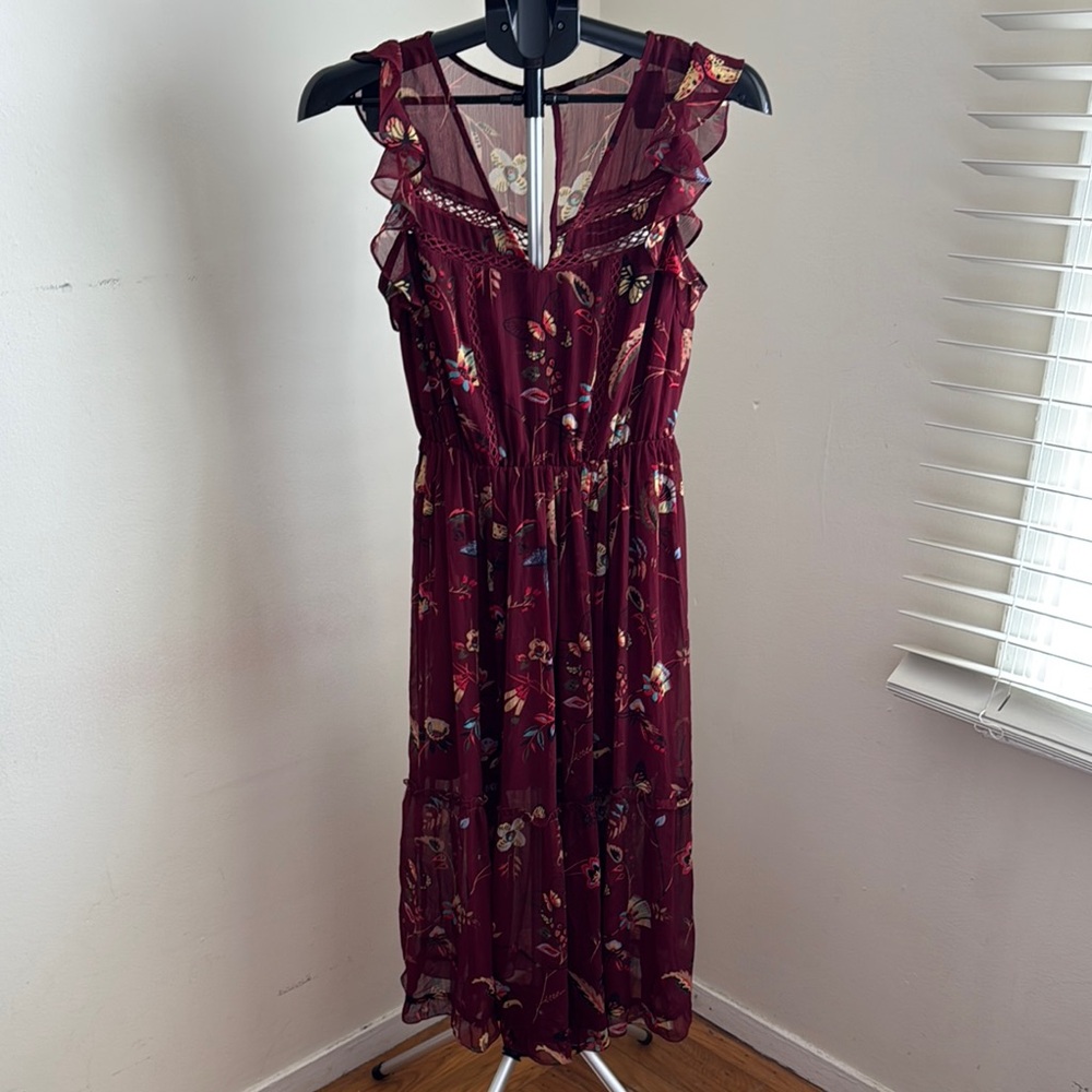 Abercrombie & Fitch Red Ruffled Ruched Midi Dress